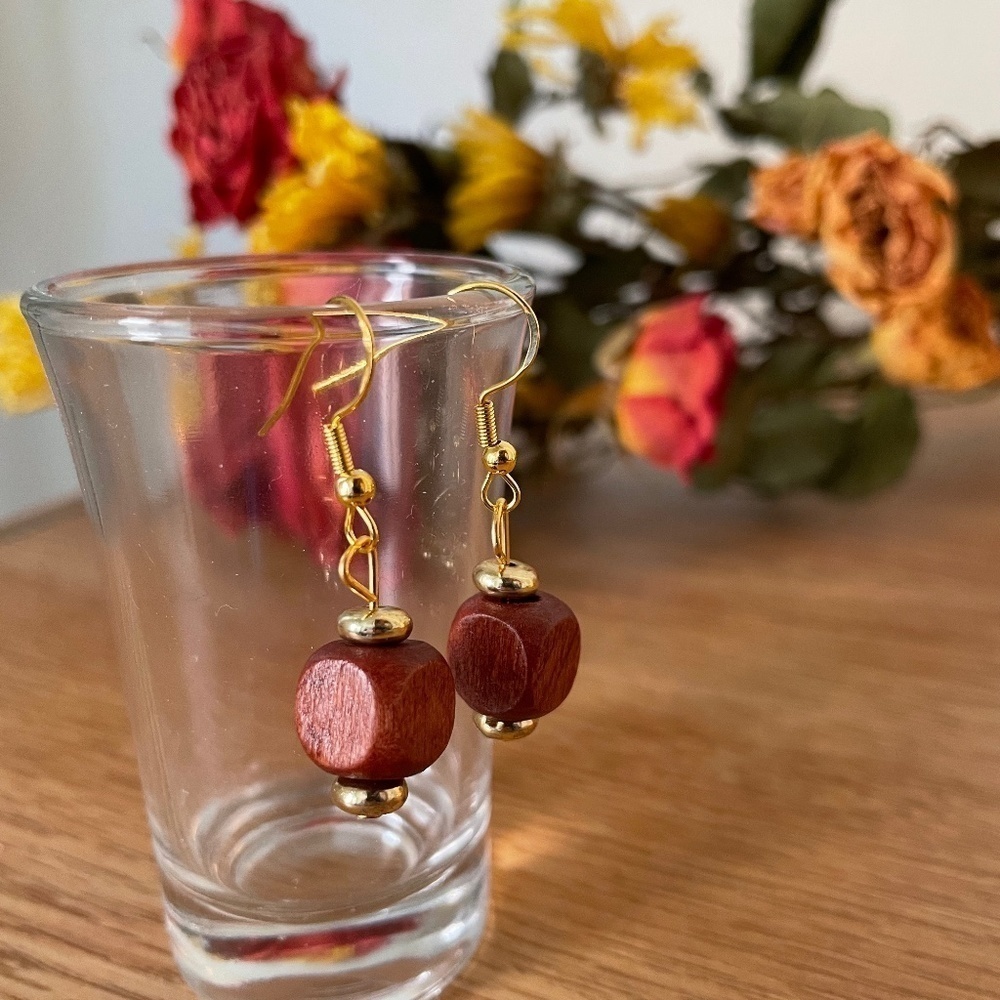 Wooden Gold Beaded Earrings